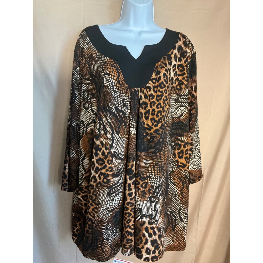 Catherines Tunic Top Womens 3X Brown New Animal Print Leopard Snake V-Neck